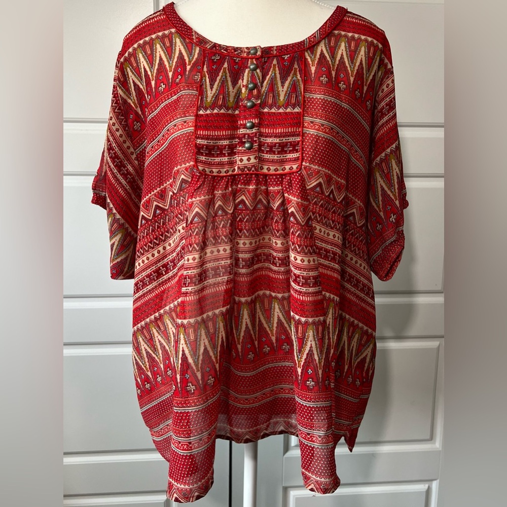 Khakis & Co Red Geometric Tribal Print Sheer Chiffon‎ Blouse Small